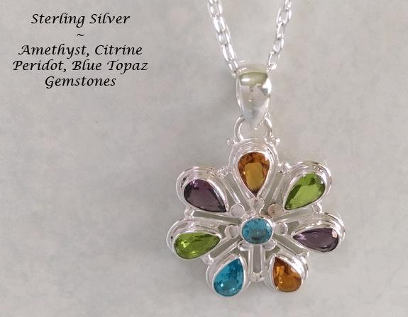 Necklace Pendant with Variety of Gemstones, Sterling Silver - Click Image to Close